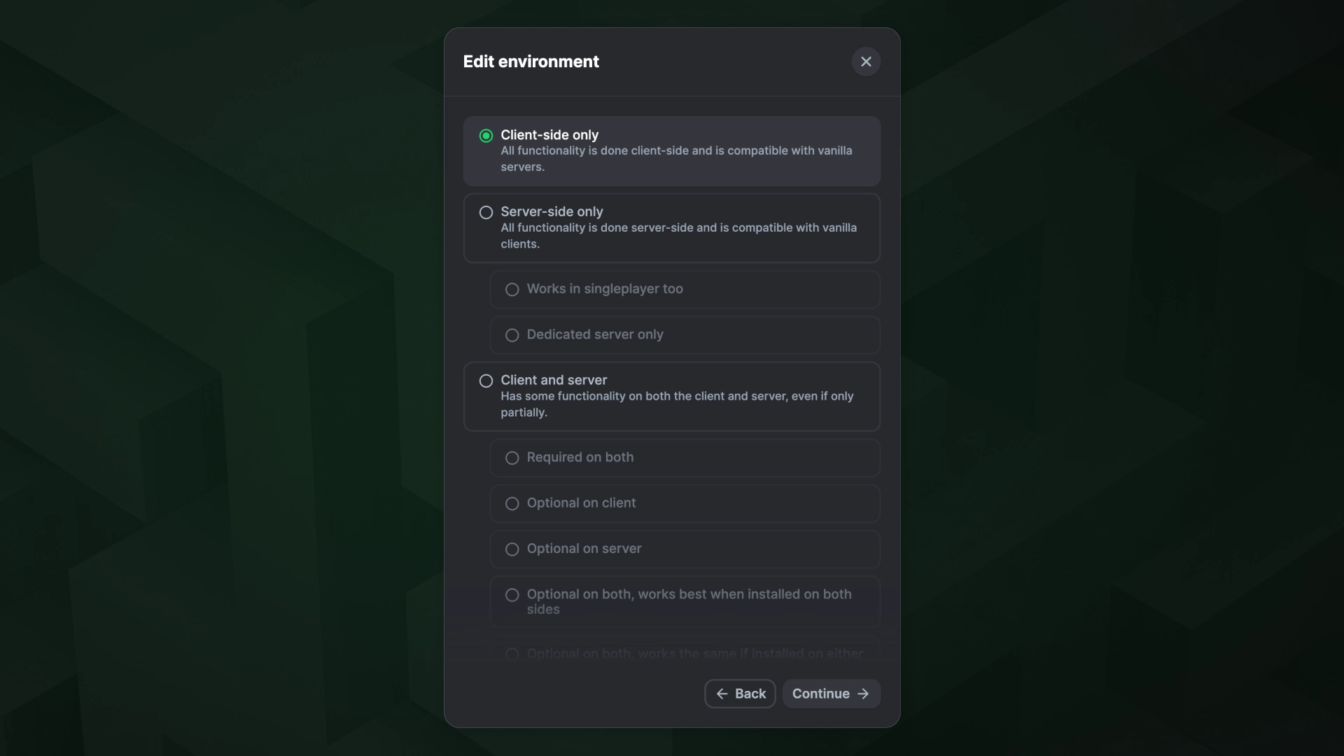 Edit environment screen, showing a bunch of options to select such as client-side only, server-side only, and more.