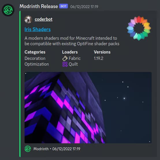 A screenshot of the new project webhook for Iris Shaders.
