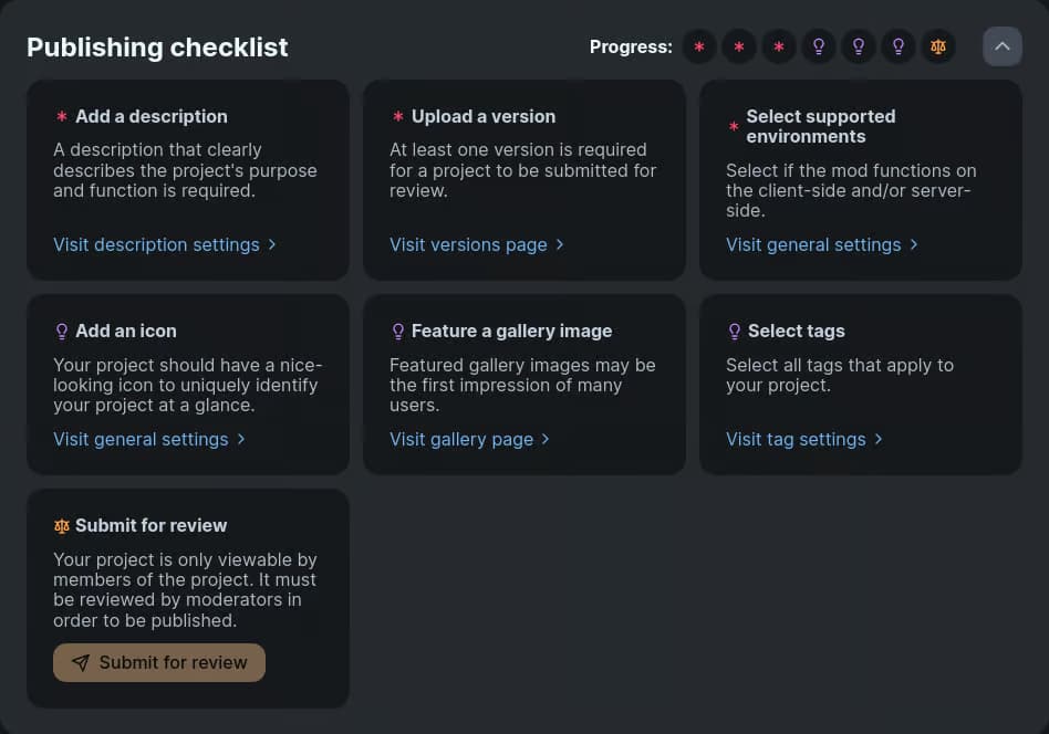 A card with several tasks for a draft project owner to do, such as adding a description and selecting the necessary information.